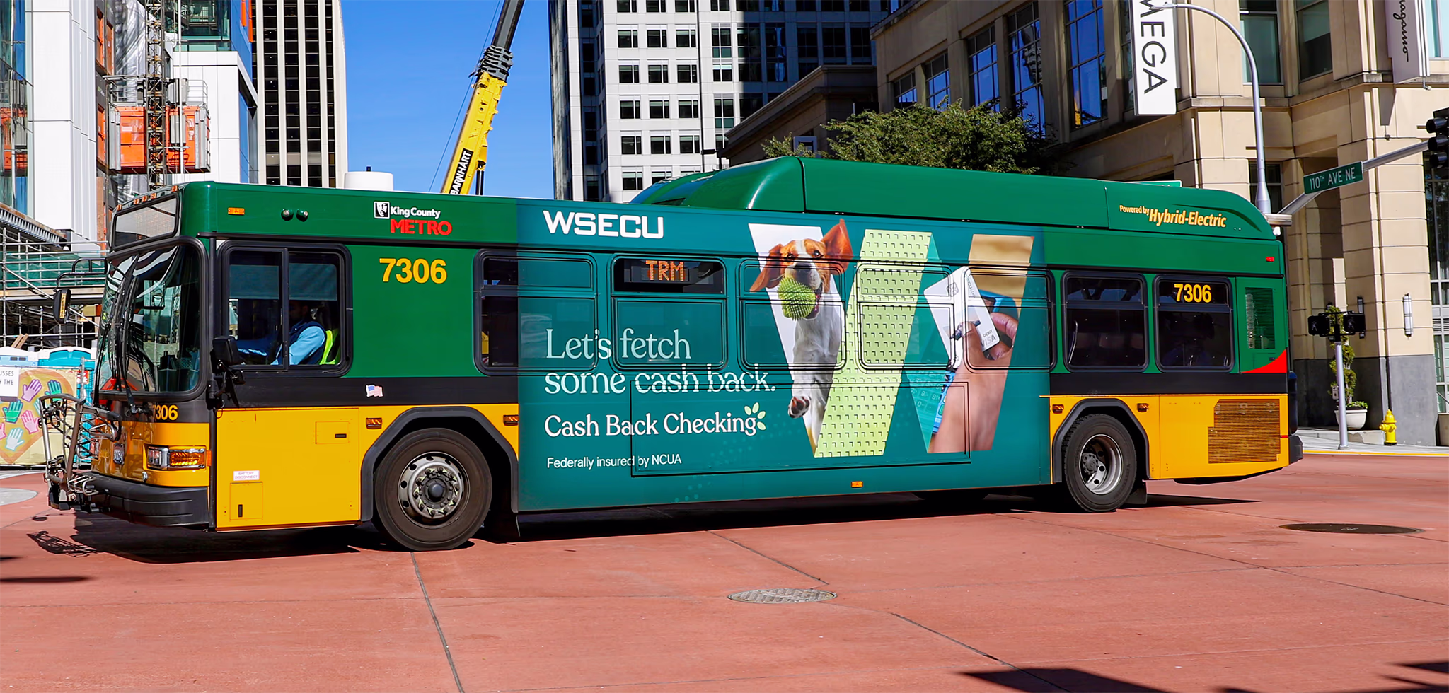 WSECU bus ad with dog and credit card promoting Cash Back Checking in downtown Seattle.