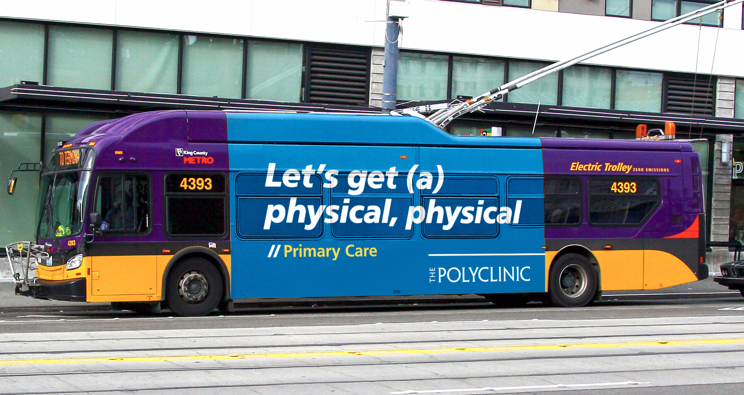 City bus featuring an ad for The Polyclinic. Bold text headline: Let's get (a) physical, physical