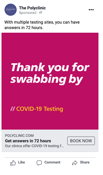 Graphic promoting COVID-19 testing services by The Polyclinic, featuring a bright pink background with the message "Thank you for swabbing by" and information about getting test results in 72 hours. Includes a call to action to book an appointment.