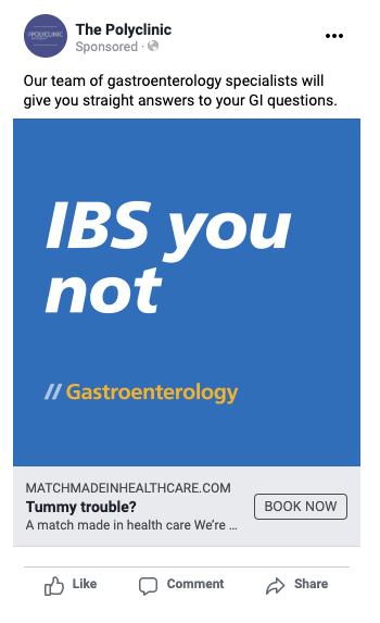 The Polyclinic ad reading “IBS you not” promoting gastroenterology care and appointment booking.