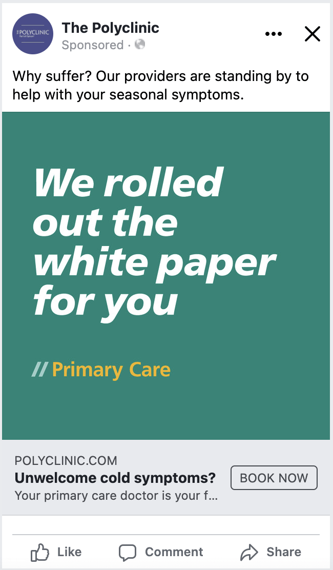 Promotional image for The Polyclinic highlighting primary care services for seasonal symptoms, featuring a call to action to book an appointment.