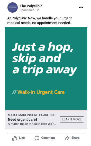 Alt text: Promotional image for The Polyclinic highlighting walk-in urgent care services. Text emphasizes the convenience of receiving medical attention without an appointment, encouraging immediate access to healthcare.