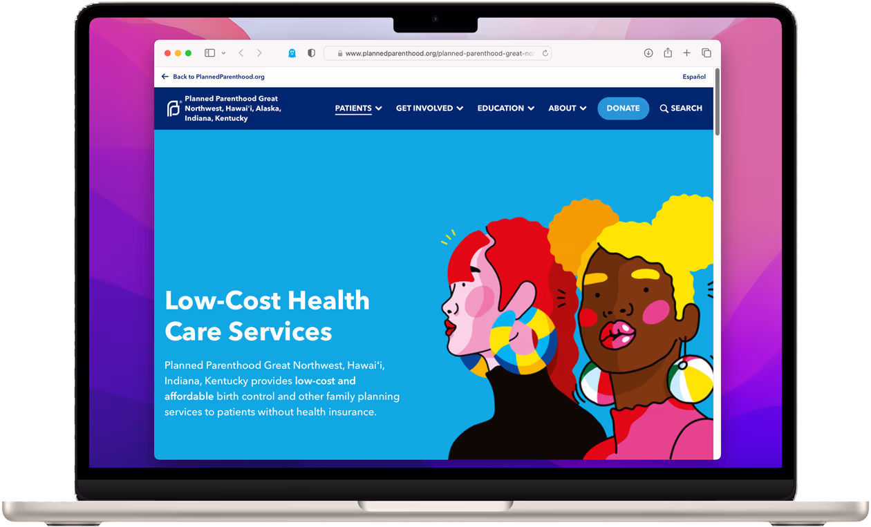 ChatGPT said: Planned Parenthood Great Northwest web graphic showing an illustrated pair of people beside text promoting “Low-Cost Health Care Services.”