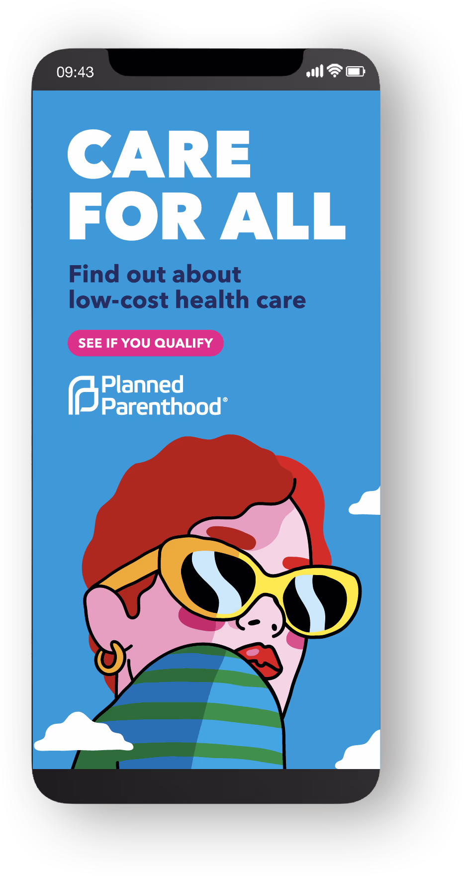 Planned Parenthood mobile ad showing illustrated person under the message about low-cost health care. Ad text: “CARE FOR ALL. Find out about low-cost health care. SEE IF YOU QUALIFY. Planned Parenthood.”