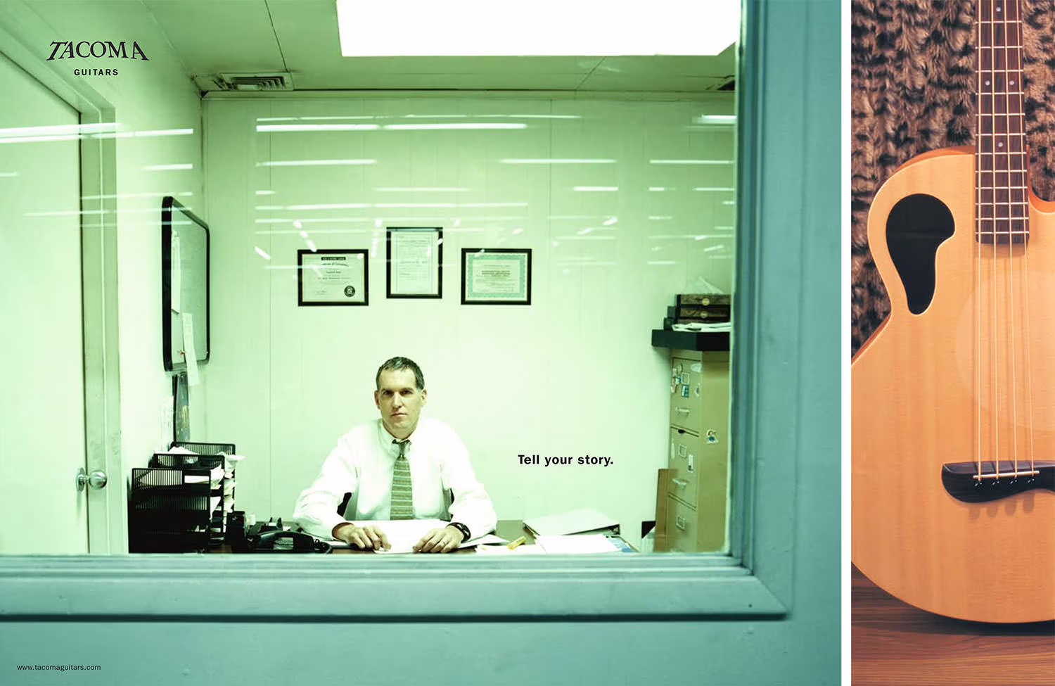 Tacoma Guitars ad showing office worker behind glass with the tagline “Tell your story.”