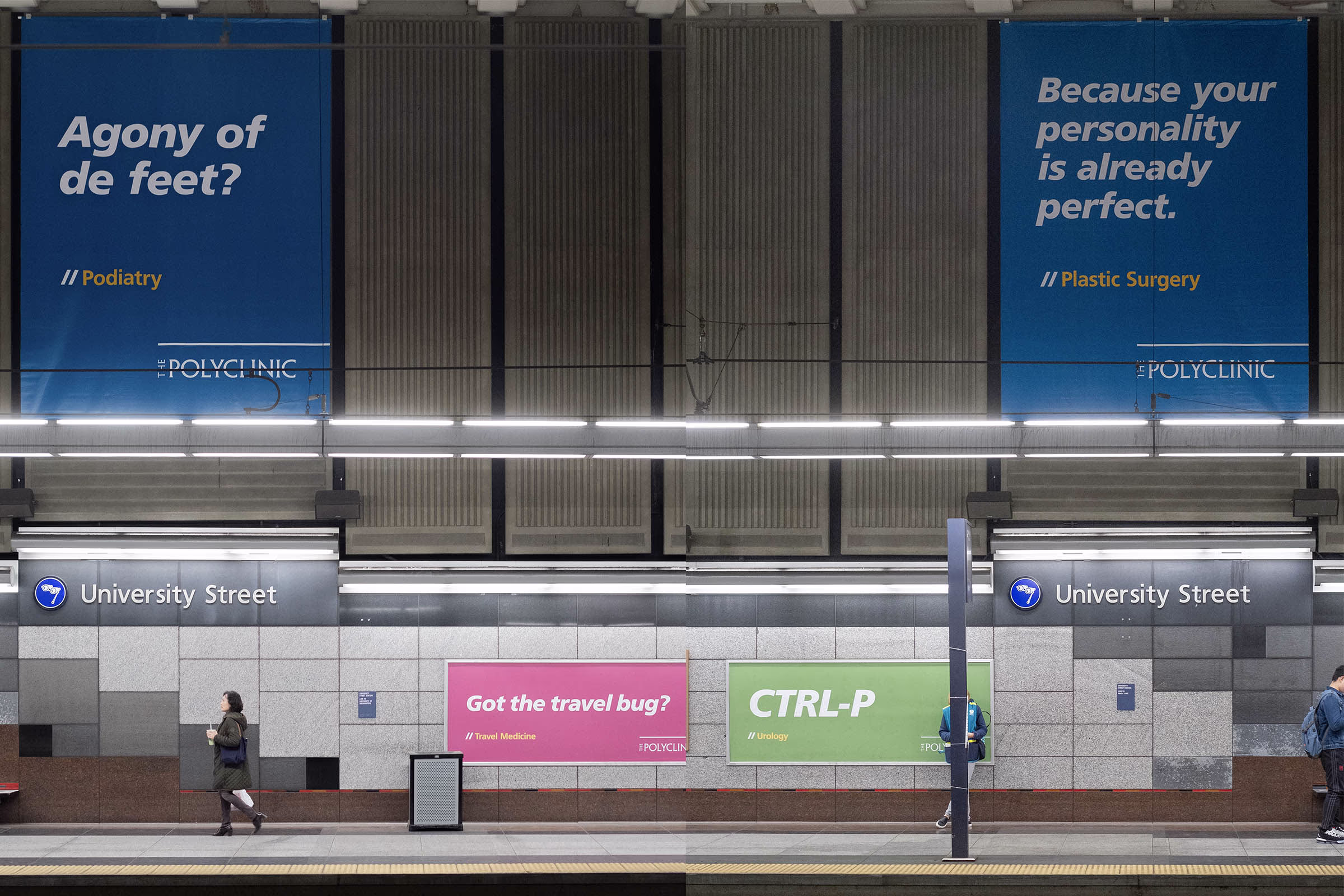 The Polyclinic ads at University Street Station promoting podiatry and plastic surgery with witty headlines.
