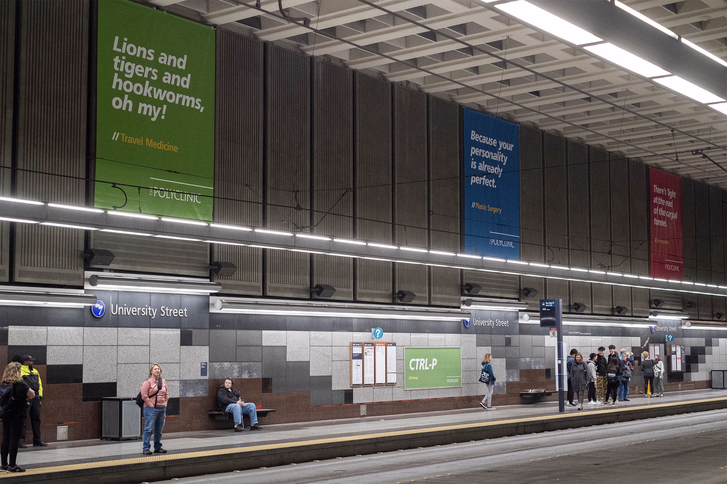 The Polyclinic health ads displayed in a University Street station, promoting care and travel medicine